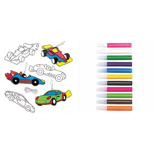 Baker Ross Suncatcher-Bastelsets Rennwagen - 8 Stück (AW572) und Großpackung mit Sonnenfänger Deko-Stifte - 12 Stück (AT943) von Baker Ross