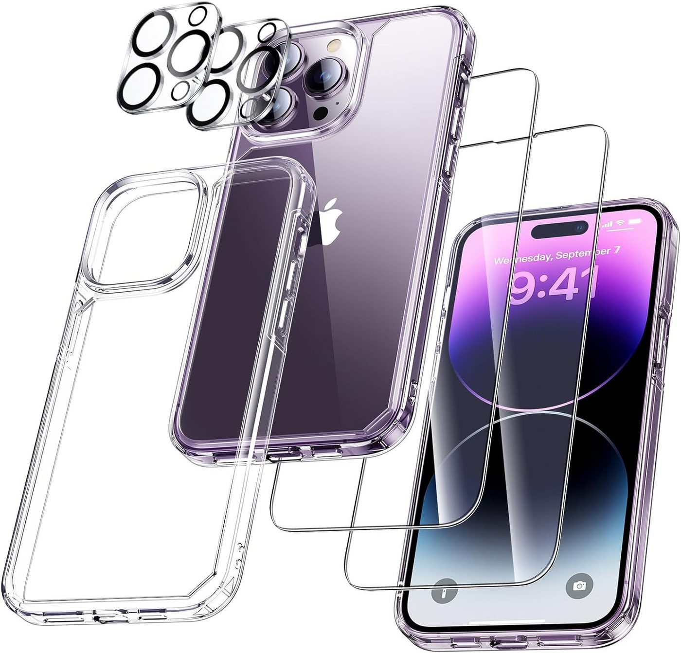 Baker 2 Stück Panzerglas für iPhone 15 14 13 12, Pro, Pro Max, Displayschutzfolie, 2 Stück Kameraschutz und 1 TPU Handyhülle, Sichtschutz, Schutzfolie von Baker