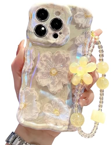Bakicey Handyhülle für iPhone 15 Pro Max Hülle Mit Perlen Armband, Bunte Vintage Ölgemälde Blume Hüllen mit Glitzer Laserblume Case Lockiges Cover Silikon Schutzhülle für iPhone 15 Pro Max, Gelb von Bakicey
