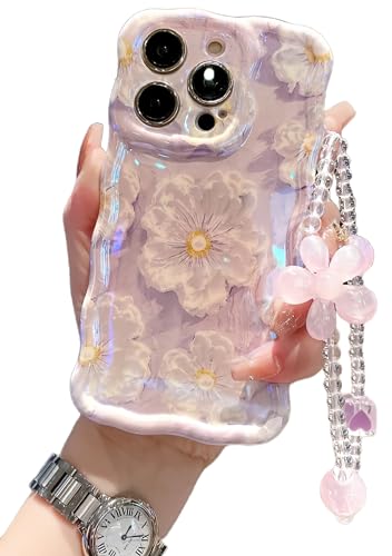 Bakicey Handyhülle für iPhone 15 Pro Max Hülle Mit Perlen Armband, Bunte Vintage Ölgemälde Blume Hüllen mit Glitzer Laserblume Case Lockiges Cover Silikon Schutzhülle für iPhone 15 Pro Max, Lavendel von Bakicey