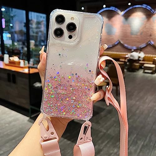 Bakicey Handykette für iPhone 14 Pro Max Hülle mit Band Kristallklar Glitzer Necklace Handyhülle zum Umhängen Stoßfest Schutzhülle Transparent Mädchen Mode Case Cover für iPhone 14 Pro Max, Rosa von Bakicey