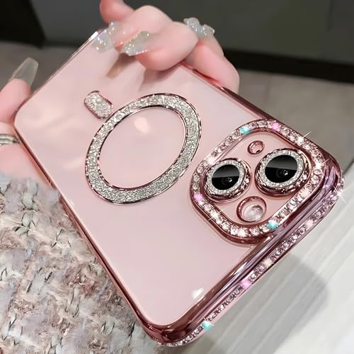 Bakicey Hülle für iPhone 12 Pro,Kantenbohren mit Mag-Safe TPU Handyhülle Durchsichtig Glitzer Schutzhülle Süße Kratzfest Bling Bling Luxuriös Case Cover für iPhone 12 Pro,Rosa von Bakicey