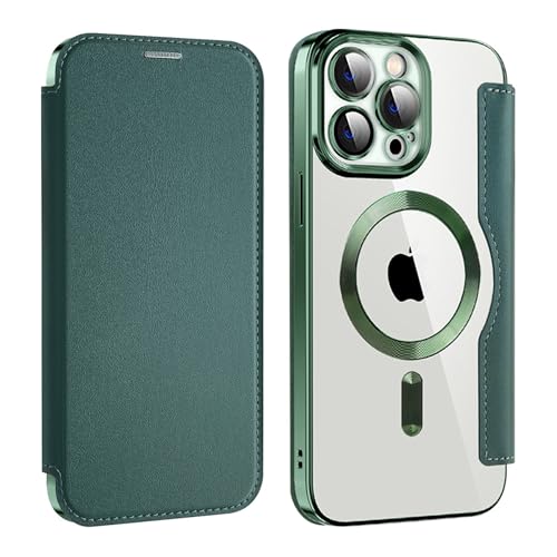 Bakicey Hülle für iPhone 14 Klapphülle Magnetische Hülle, Kartenfach PU Leder Anti-Kratzer Handyhülle mit RFID-Sperre Schutzhülle Transparent Flip Case Cover für iPhone 14, Dunkel Grün von Bakicey