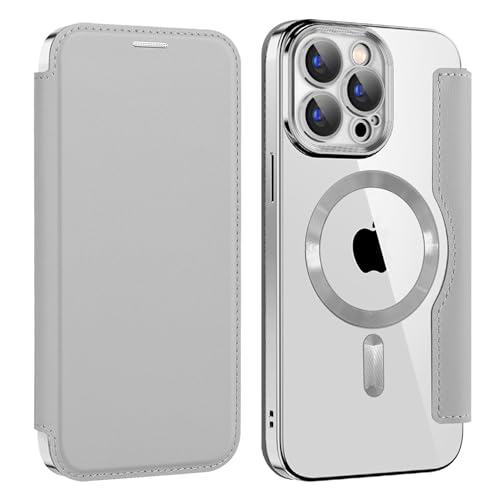 Bakicey Hülle für iPhone 14 Pro Klapphülle Magnetische Hülle, Kartenfach PU Leder Anti-Kratzer Handyhülle mit RFID-Sperre Schutzhülle Transparent Flip Case Cover für iPhone 14 Pro, Grau von Bakicey