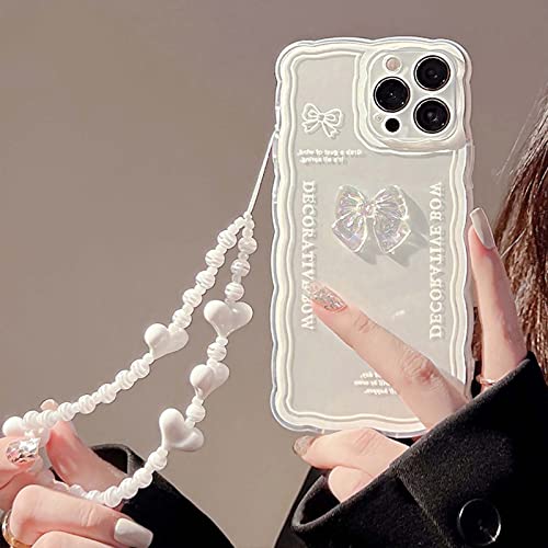 Bakicey Hülle für iPhone 14 mit Perlen Armband Handyhülle Glitzer Weiße Schleife Muster hülle Transparent Schutzhülle Weiche TPU Mode Mädchen Case Cover für iPhone 14 von Bakicey