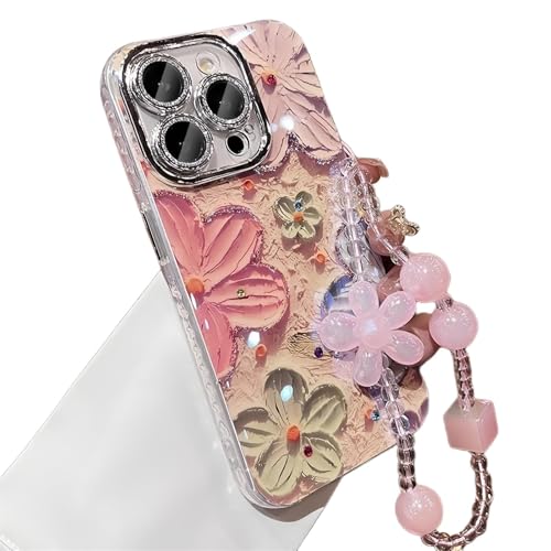 Bakicey Kompatibel iPhone 15 Pro Hülle Strasssteine Linsen Ölgemälde Blumen Gewellt mit Perlen Armband Handyhülle Süßes Frauen Kratzfest Stoßfest PC Case für iPhone 15 Pro,Orange Blumen von Bakicey
