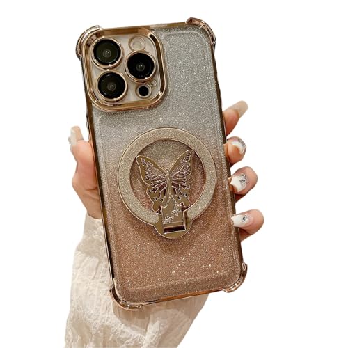 Bakicey Kompatibel mit iPhone 11 Pro Max Hülle,Magnethalterung mit Schmetterling Verlauf Durchsichtig Glitzer PC Handyhülle Luxuriös Kratzfest Case Cover für iPhone 11 Pro Max,Gold von Bakicey