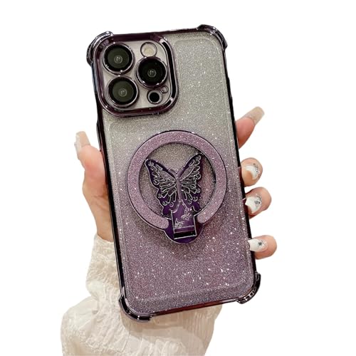 Bakicey Kompatibel mit iPhone 13 Pro Max Hülle,Magnethalterung mit Schmetterling Verlauf Durchsichtig Glitzer PC Handyhülle Luxuriös Kratzfest Case Cover für iPhone 13 Pro Max,Lila von Bakicey