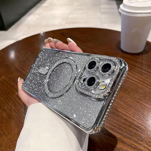 Bakicey Kompatibel mit iPhone 14 Pro Max Hülle,Verlauf Durchsichtig Glitzer Mag-Safe Handyhülle Crystal TPU Schutzhülle Süße Luxuriös Kratzfest Case Cover für iPhone 14 Pro Max,Silber von Bakicey