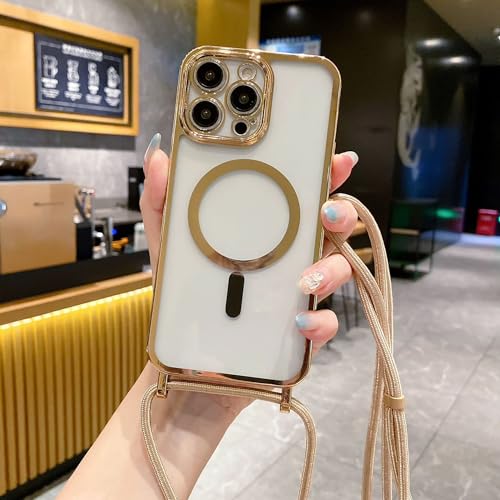 Bakicey Magnetische Handykette für iPhone 15 Pro Max [Kompatibel mit Mag-Safe] Necklace HandyHülle mit Band Galvanik Transparent Silikon Case Abnehmbar Kordel zum Umhängen Schutzhülle Case, Golden von Bakicey