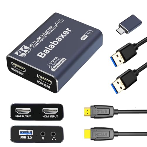 Balabaxer 4K-Audio-Video-Capture-Karte, USB 3.0 mit HDMI-Kabel, Full HD 1080p Aufnahmegerät für Videobearbeitung, Spielaufnahme, Online-Unterricht von Balabaxer