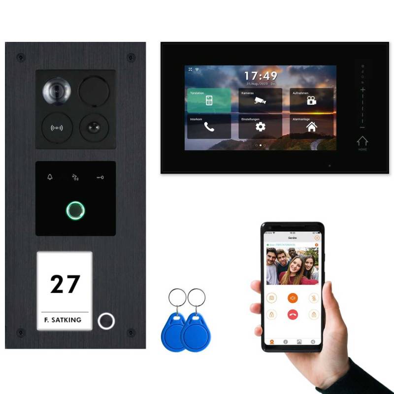 BALTER ERA IP Unterputz Video Türsprechanlagen mit Fingerprint Schwarz/Schwarz 1 Familienhaus Set 1x 7 Monitor WiFi von Balter