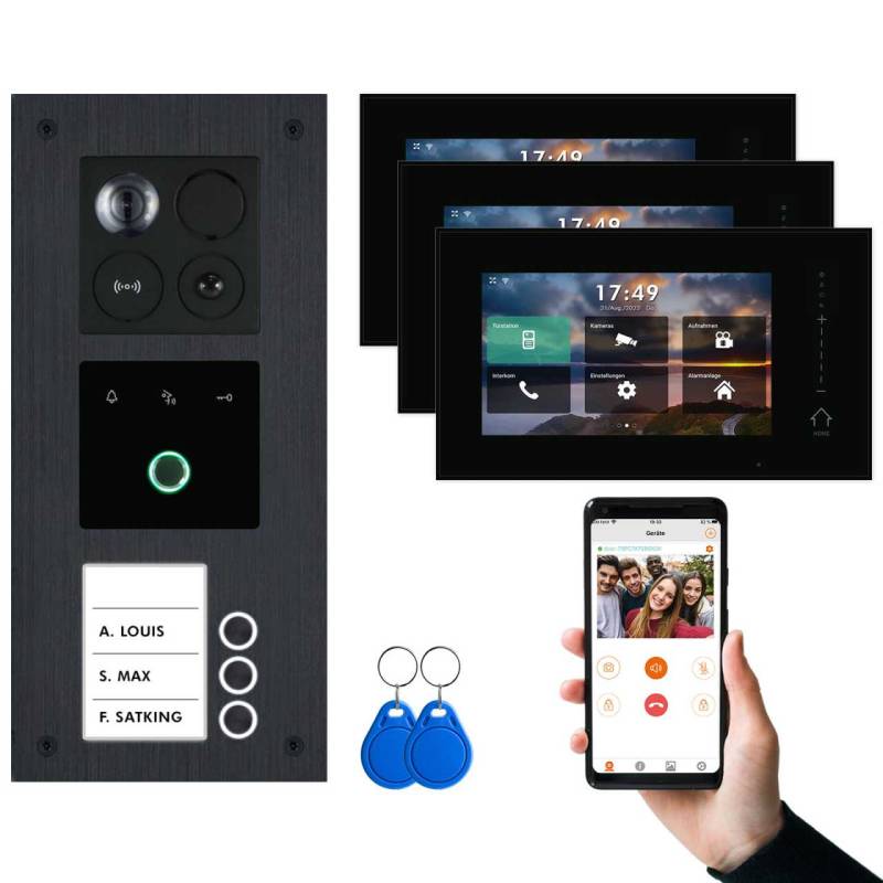 BALTER ERA IP Unterputz Video Türsprechanlagen mit Fingerprint Schwarz/Schwarz 3 Familienhaus Set 3x 7 Monitor WiFi von Balter