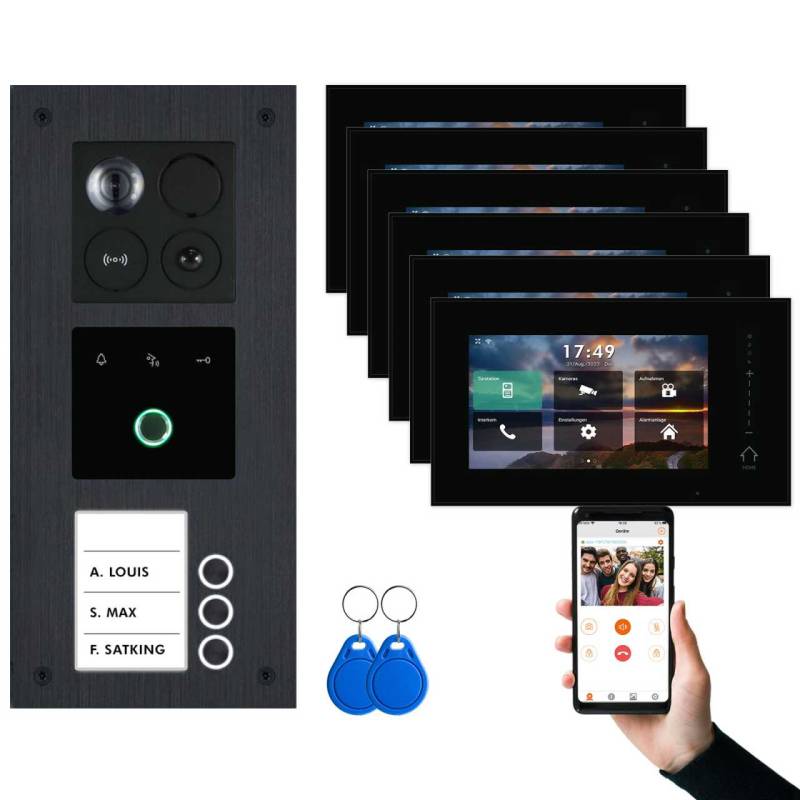 BALTER ERA IP Unterputz Video Türsprechanlagen mit Fingerprint Schwarz/Schwarz 3 Familienhaus Set 6x 7 Monitor WiFi von Balter