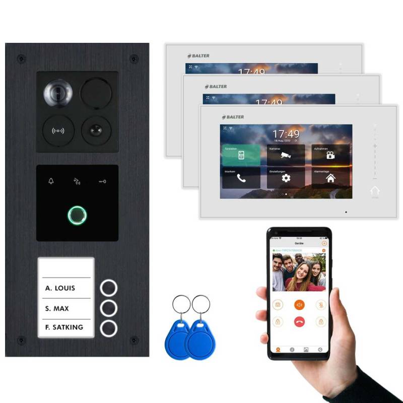 BALTER ERA IP Unterputz Video Türsprechanlagen mit Fingerprint Schwarz/Weiß 3 Familienhaus Set 3x 7 Monitor WiFi von Balter