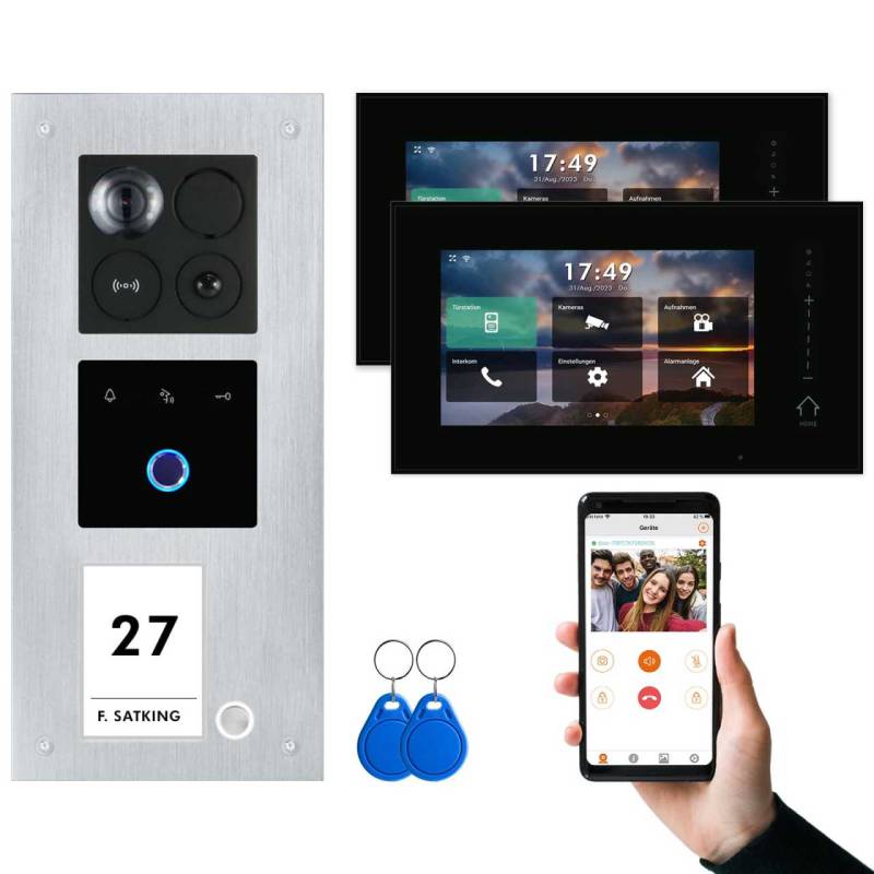 BALTER ERA IP Unterputz Video Türsprechanlagen mit Fingerprint Silber/Schwarz 1 Familienhaus Set 2x 7 Monitor WiFi von Balter