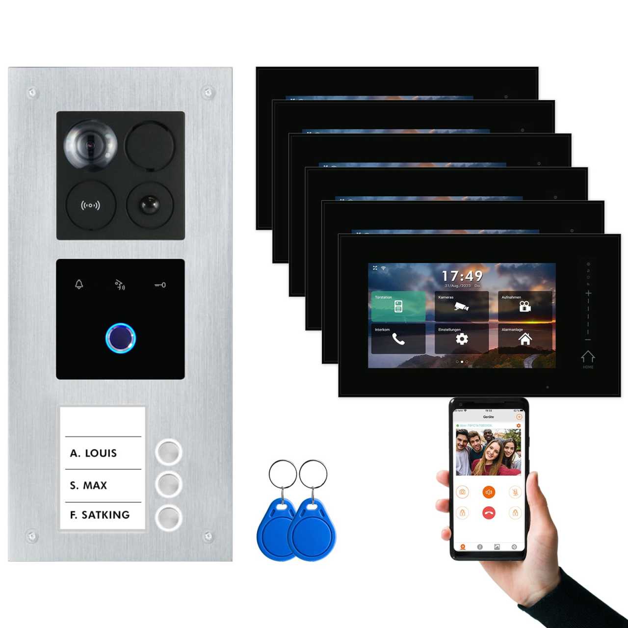 BALTER ERA IP Unterputz Video Türsprechanlagen mit Fingerprint Silber/Schwarz 3 Familienhaus Set 6x 7 Monitor WiFi von Balter