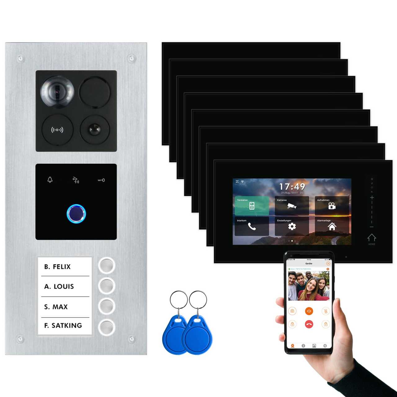 BALTER ERA IP Unterputz Video Türsprechanlagen mit Fingerprint Silber/Schwarz 4 Familienhaus Set 8x 7 Monitor WiFi von Balter