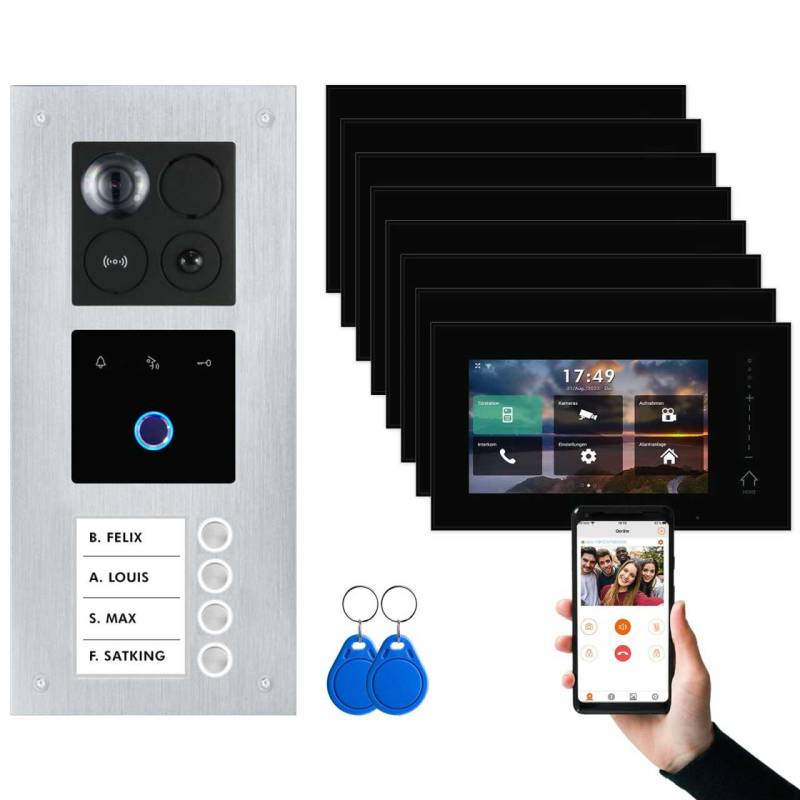 BALTER ERA IP Unterputz Video Türsprechanlagen mit Fingerprint Silber/Schwarz 4 Familienhaus Set 8x 7 Monitor WiFi von Balter