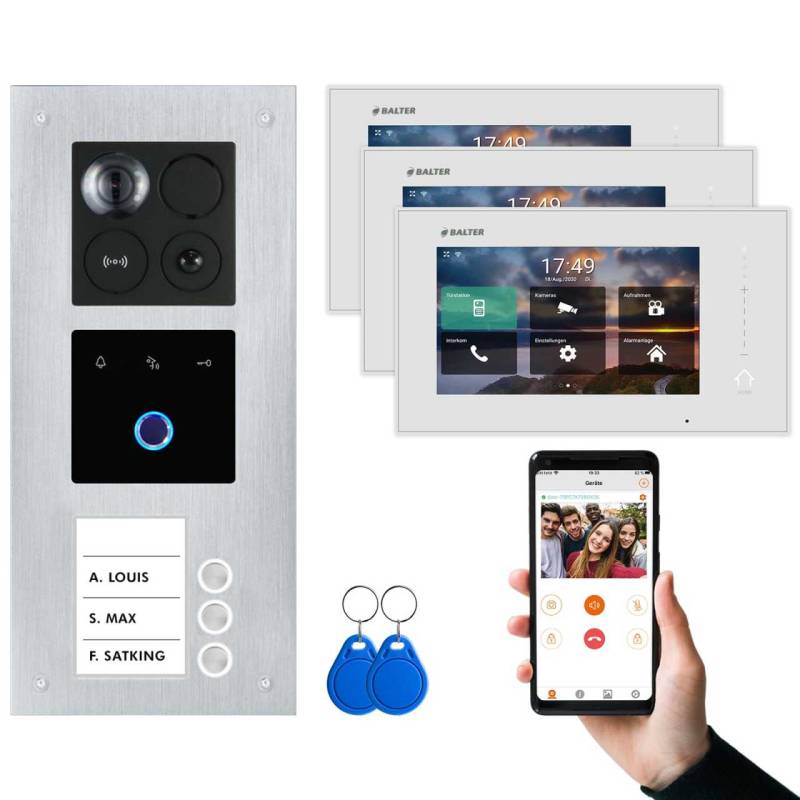 BALTER ERA IP Unterputz Video Türsprechanlagen mit Fingerprint Silber/Weiß 3 Familienhaus Set 3x 7 Monitor WiFi von Balter