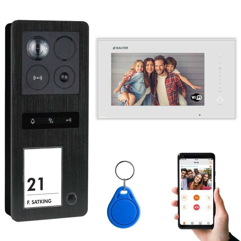 BALTER ERA Schwarz IP Aufputz RFID Video Türsprechanlagen Set 1 Familienhaus Schwarz 1x 7 Monitor WiFi von Balter