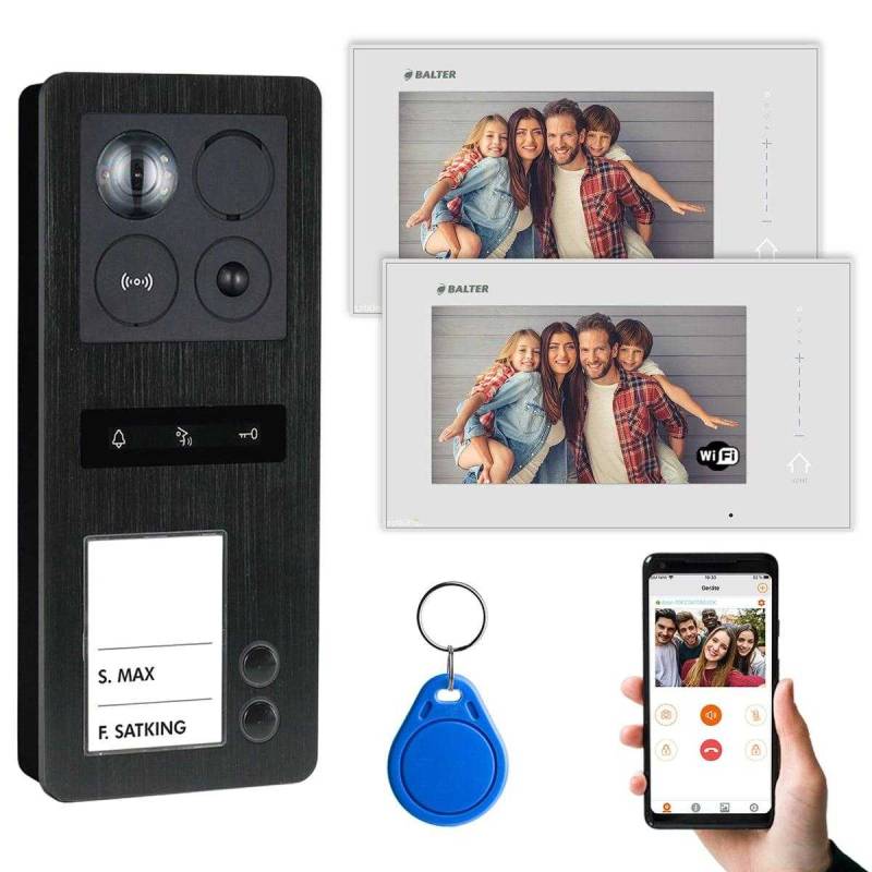 BALTER ERA Schwarz IP Aufputz RFID Video Türsprechanlagen Set 2 Familienhaus Schwarz 2x 7 Monitor WiFi von Balter