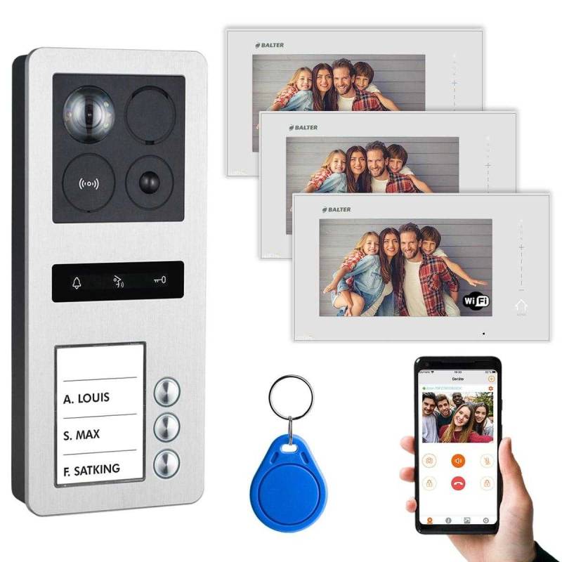 BALTER ERA Silber IP Aufputz RFID Video Türsprechanlagen Set 3 Familienhaus Silber 3x 7 Monitor WiFi von Balter