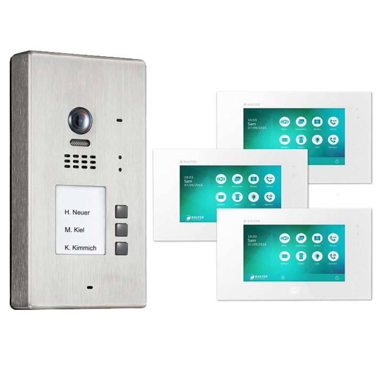 BALTER EVIDA Silber RFID Edelstahl 2-Draht BUS Video Türstation Aufputz 3 Familienhaus Set von Balter