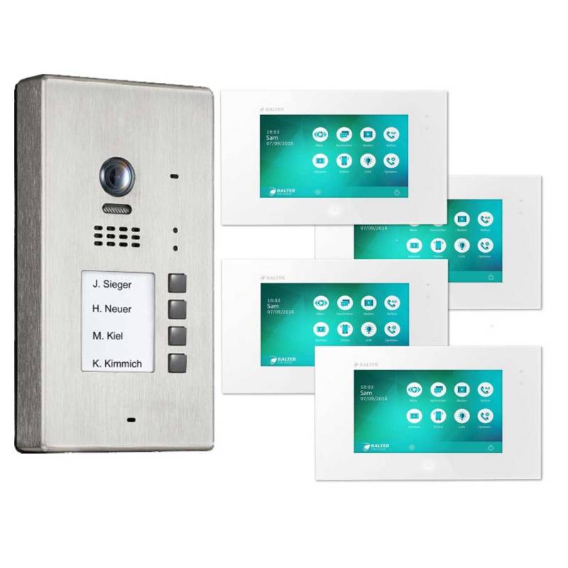 BALTER EVIDA Silber RFID Edelstahl 2-Draht BUS Video Türstation Aufputz 4 Familienhaus Set von Balter