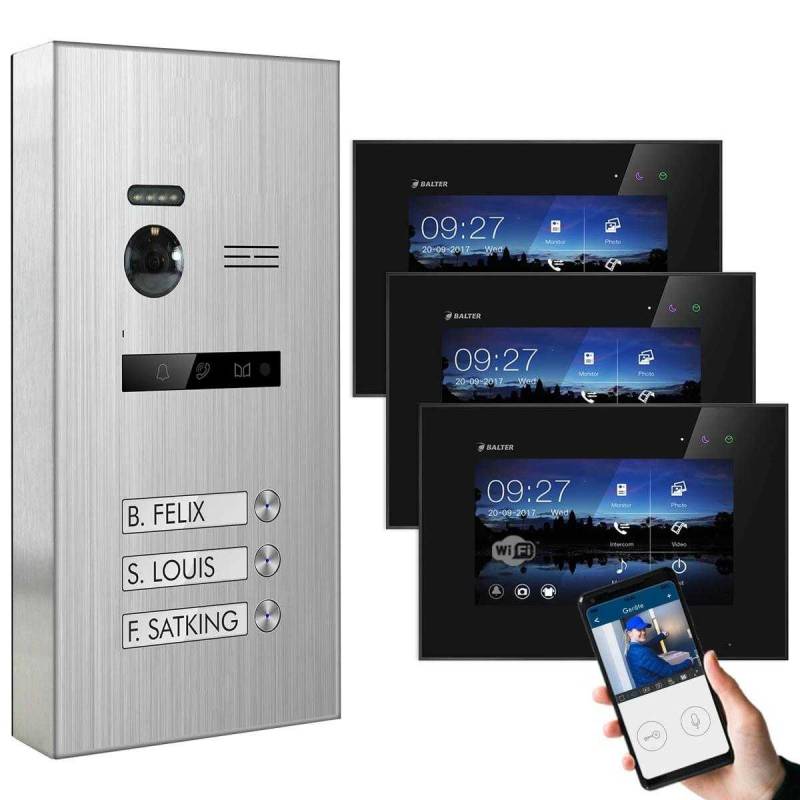 BALTER EVO Aufputz Edelstahl Video Türsprechanlagen Silber/Schwarz Set 3 Familienhaus Silber 3x 7 Monitor WiFi von Balter