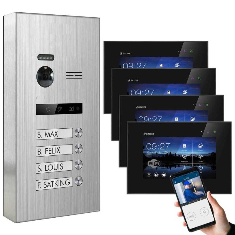 BALTER EVO Aufputz Edelstahl Video Türsprechanlagen Silber/Schwarz Set 4 Familienhaus Silber 4x 7 Monitor WiFi von Balter