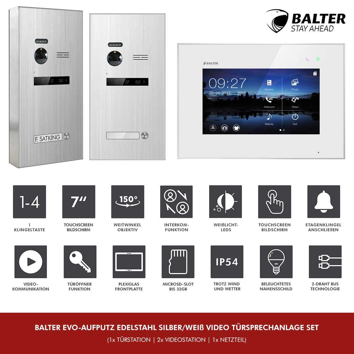 BALTER EVO Aufputz Edelstahl Video Türsprechanlagen Silber/Weiß Set 1 Familienhaus 2x 7“ LCD Monitor von Balter