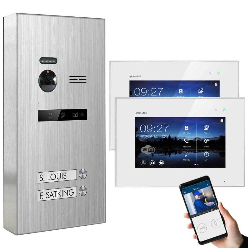 BALTER EVO Aufputz Edelstahl Video Türsprechanlagen Silber/Weiß Set 2 Familienhaus Silber 2x 7 Monitor WiFi von Balter