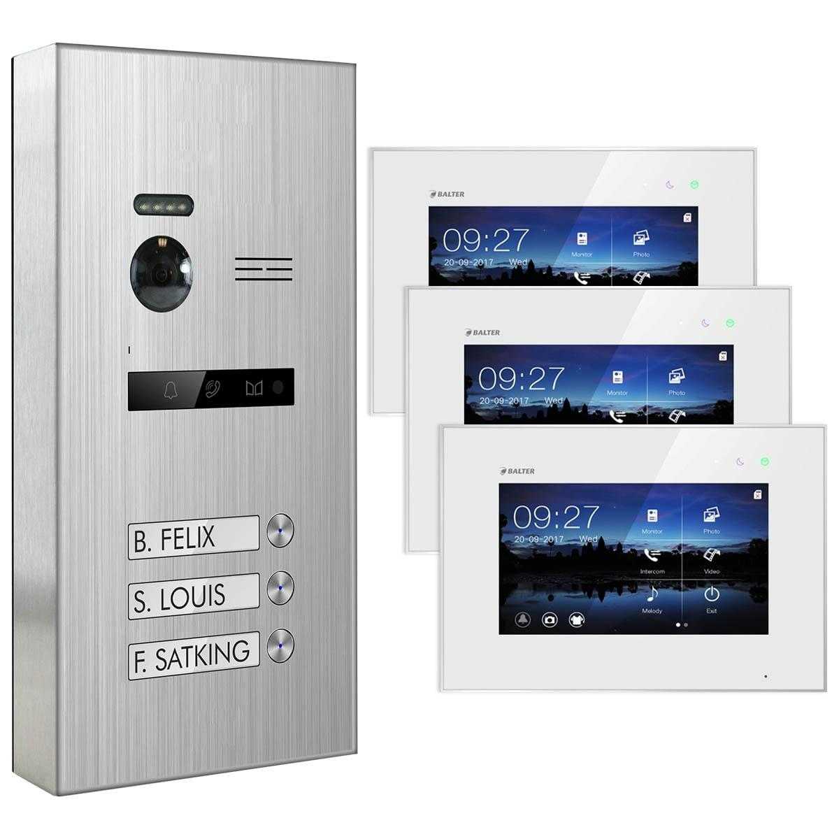 BALTER EVO Aufputz Edelstahl Video Türsprechanlagen Silber/Weiß Set 3 Familienhaus 3x 7“ LCD Monitor von Balter