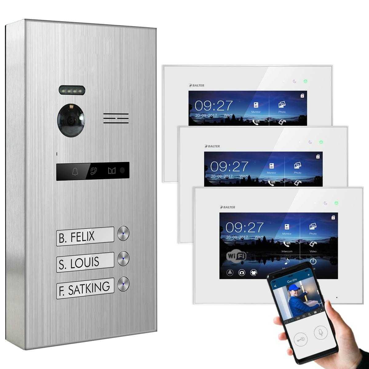 BALTER EVO Aufputz Edelstahl Video Türsprechanlagen Silber/Weiß Set 3 Familienhaus 3x 7“ LCD Monitor WiFi von Balter
