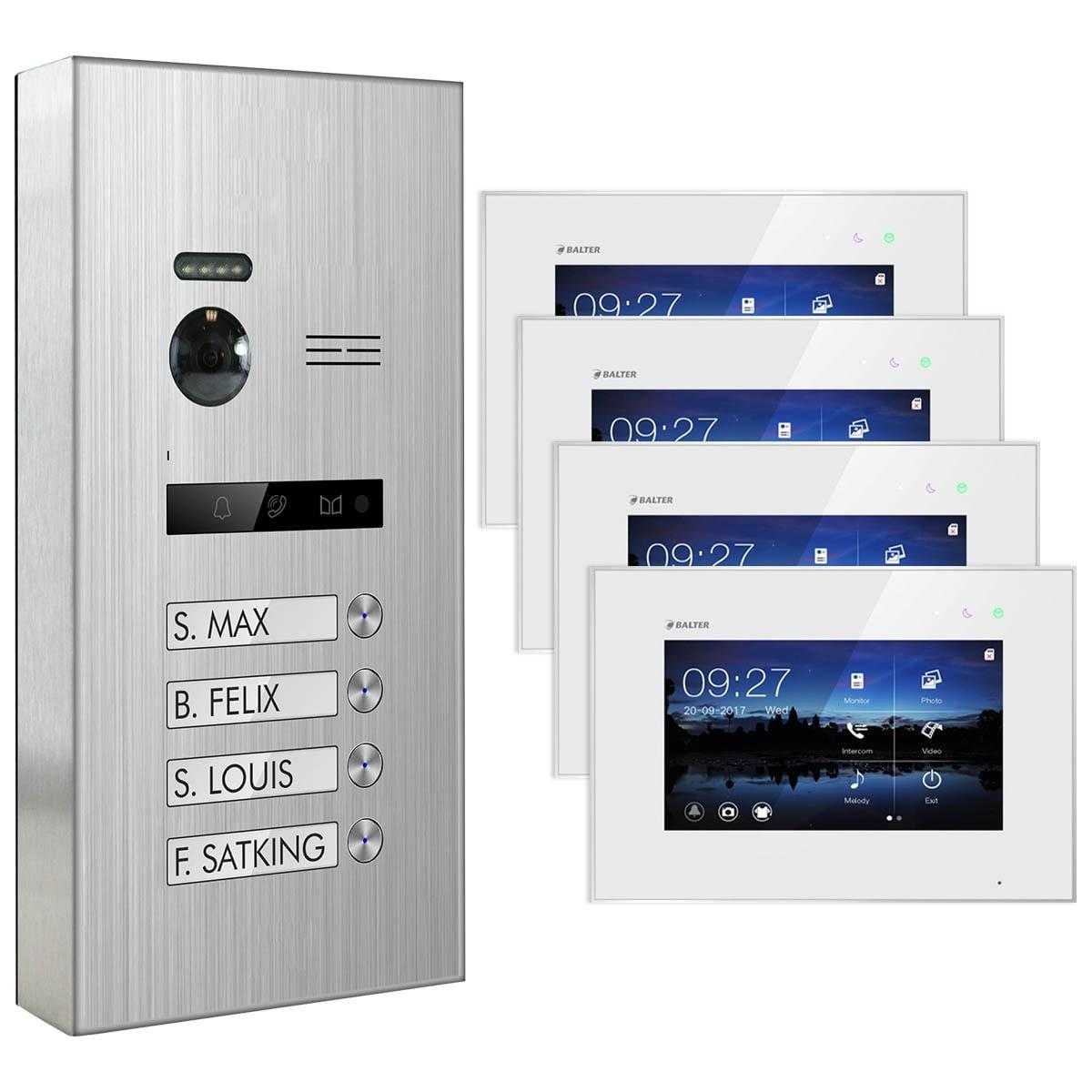 BALTER EVO Aufputz Edelstahl Video Türsprechanlagen Silber/Weiß Set 4 Familienhaus 4x 7“ LCD Monitor von Balter