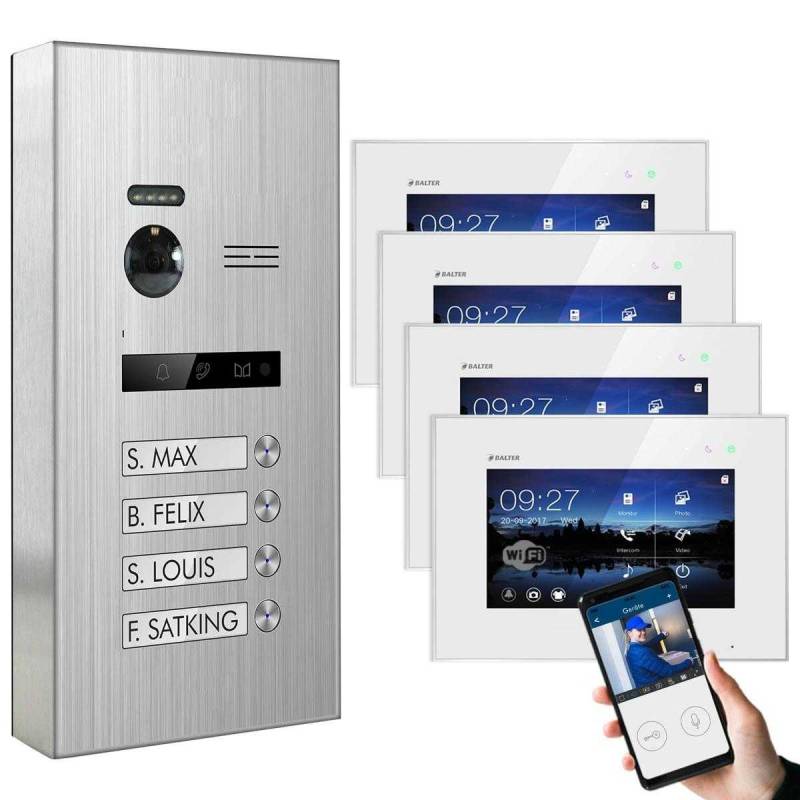 BALTER EVO Aufputz Edelstahl Video Türsprechanlagen Silber/Weiß Set 4 Familienhaus Silber 4x 7 Monitor WiFi von Balter