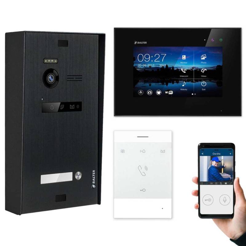 BALTER EVO Aufputz Video Türsprechanlagen Schwarz/Schwarz Set 1 Familienhaus Schwarz 1x 7 Monitor WiFi + 1x Talk von Balter