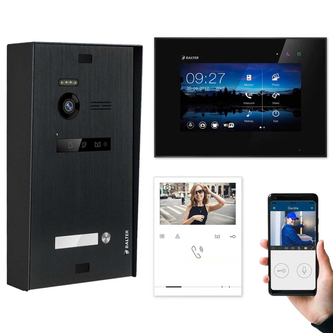 BALTER EVO Aufputz Video Türsprechanlagen Schwarz/Schwarz Set 1 Familienhaus Schwarz 1x 7 Monitor WiFi + 1x Quick von Balter
