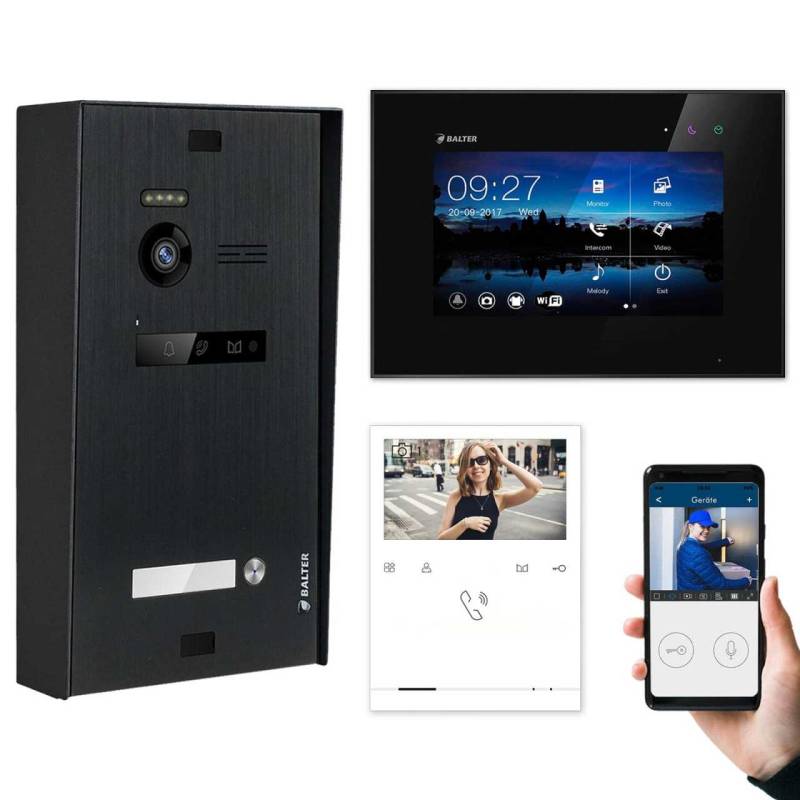 BALTER EVO Aufputz Video Türsprechanlagen Schwarz/Schwarz Set 1x 7 Monitor WiFi + 1x Quick 1 Familienhaus Schwarz von Balter