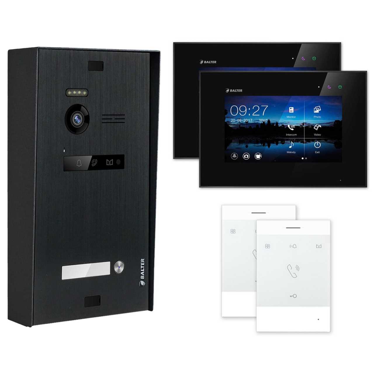 BALTER EVO Aufputz Video Türsprechanlagen Schwarz/Schwarz Set 1 Familienhaus Schwarz 2x 7 Monitor + 2x Talk von Balter