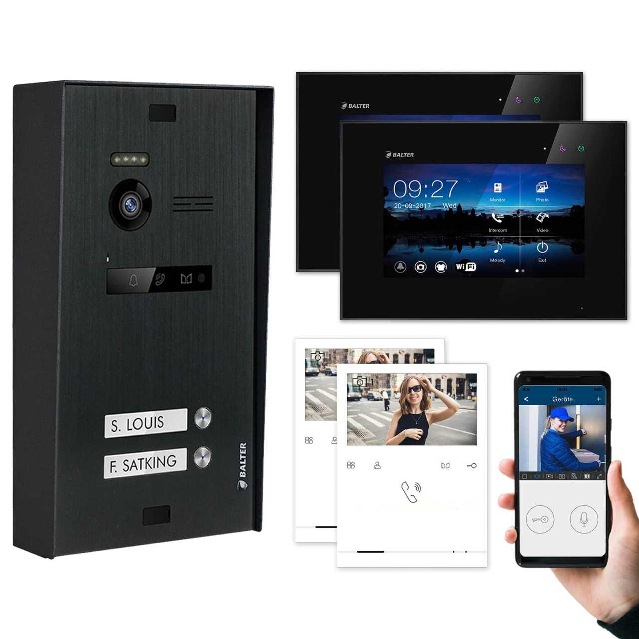 BALTER EVO Aufputz Video Türsprechanlagen Schwarz/Schwarz Set 2 Familienhaus 2x 4.3“ Quick + 2x 7“ LCD Monitor WiFi von Balter
