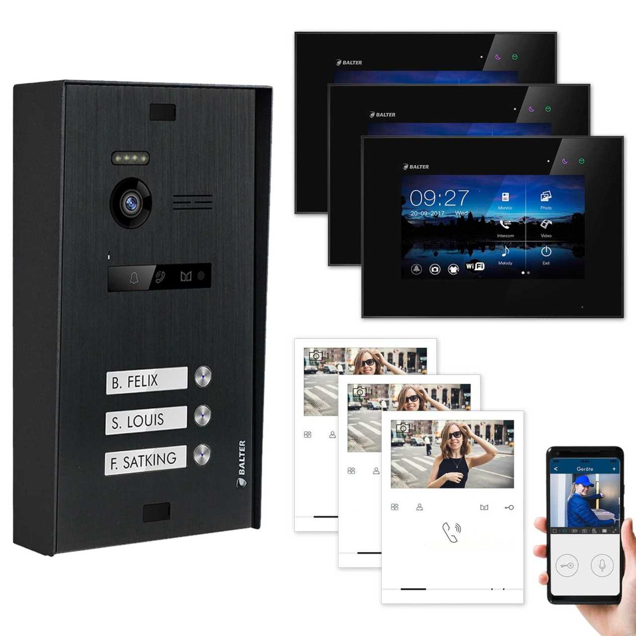 BALTER EVO Aufputz Video Türsprechanlagen Schwarz/Schwarz Set 3 Familienhaus 3x 4.3“ Quick + 3x 7“ LCD Monitor WiFi von Balter