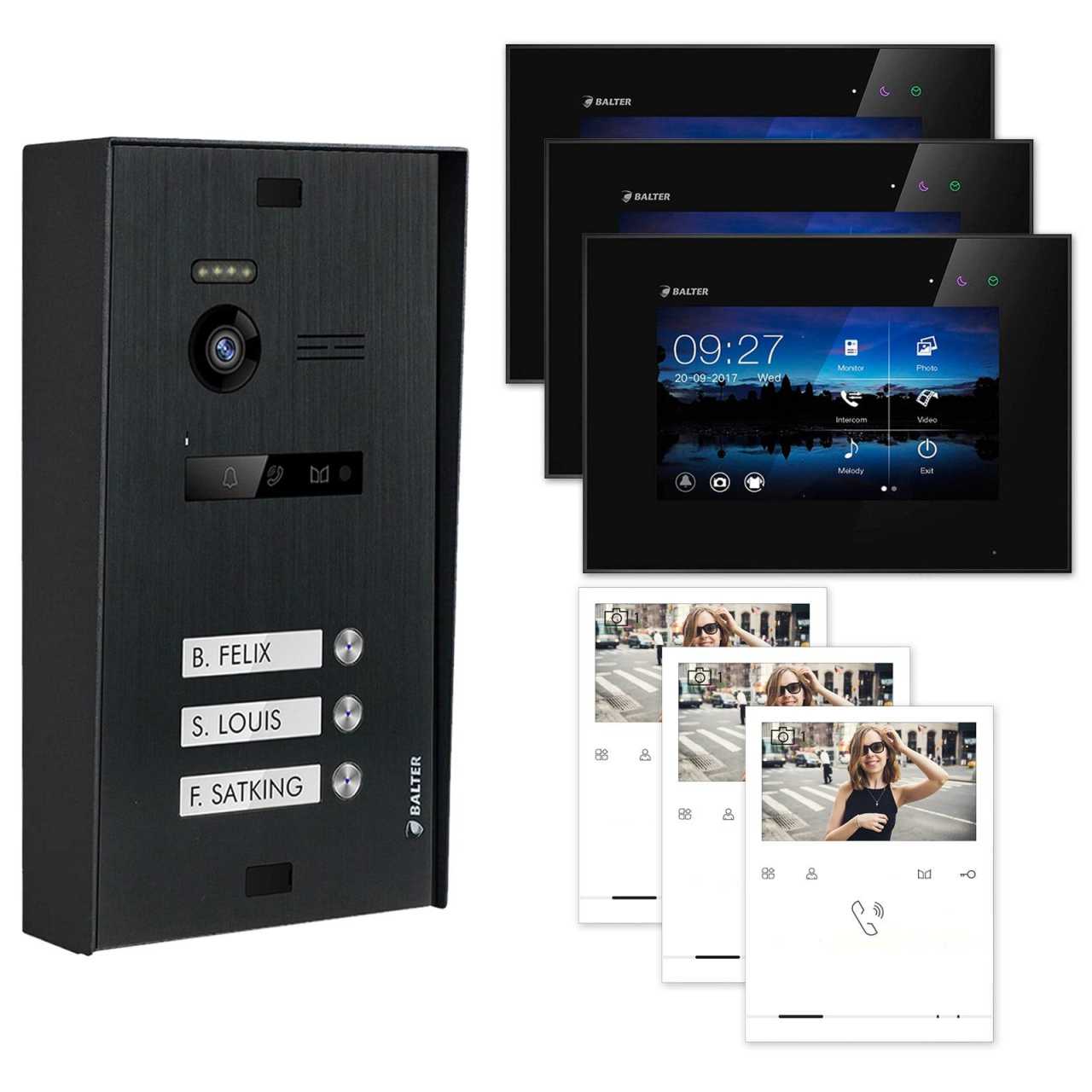 BALTER EVO Aufputz Video Türsprechanlagen Schwarz/Schwarz Set 3 Familienhaus 3x 4.3“ Quick + 3x 7“ LCD Monitor von Balter