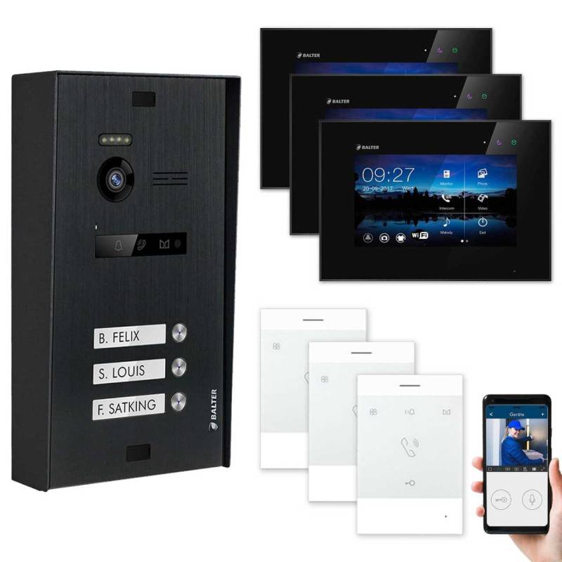 BALTER EVO Aufputz Video Türsprechanlagen Schwarz/Schwarz Set 3 Familienhaus Schwarz 3x 7 Monitor Wifi + 3x Talk von Balter