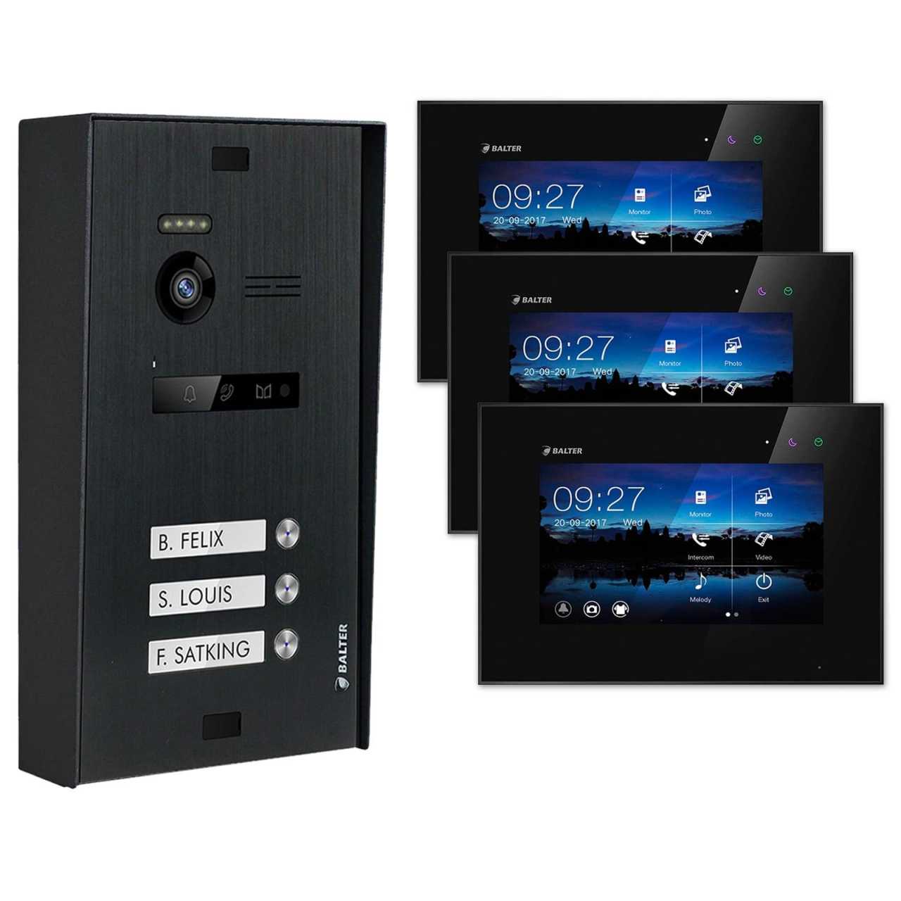 BALTER EVO Aufputz Video Türsprechanlagen Schwarz/Schwarz Set 3 Familienhaus 3x 7“ LCD Monitor von Balter