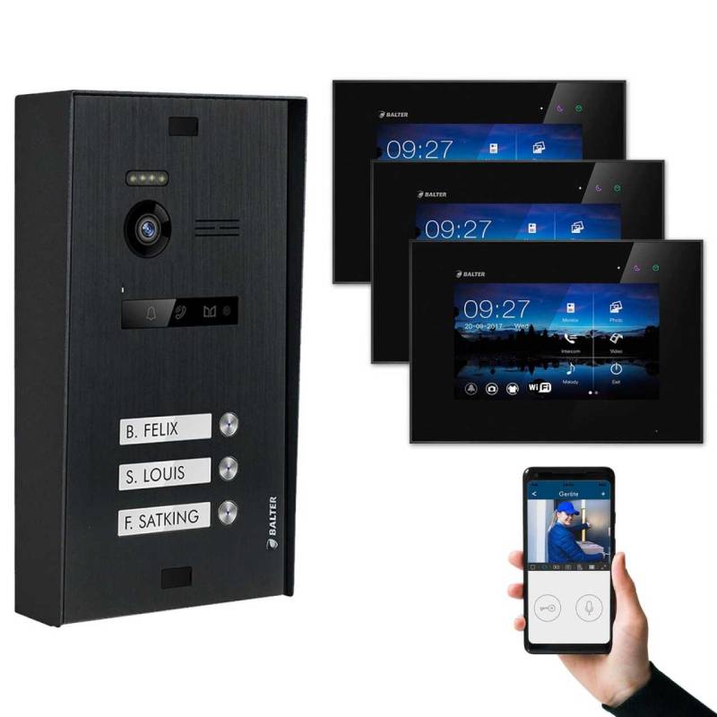BALTER EVO Aufputz Video Türsprechanlagen Schwarz/Schwarz Set 3 Familienhaus 3x 7“ LCD Monitor WiFi von Balter