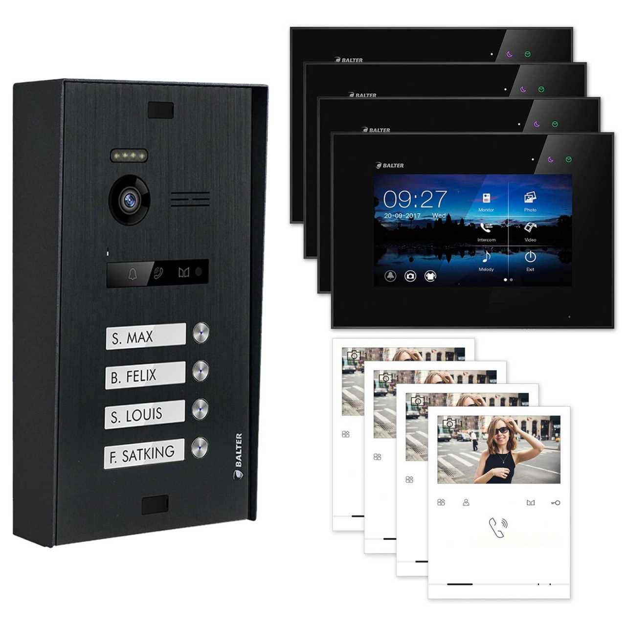 BALTER EVO Aufputz Video Türsprechanlagen Schwarz/Schwarz Set 4 Familienhaus 4x 4.3“ Quick + 4x 7“ LCD Monitor von Balter
