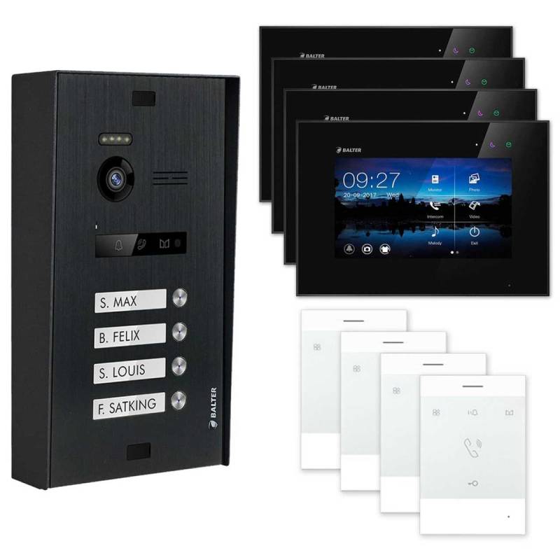 BALTER EVO Aufputz Video Türsprechanlagen Schwarz/Schwarz Set 4 Familienhaus Schwarz 4x 7 Monitor + 4x Talk von Balter