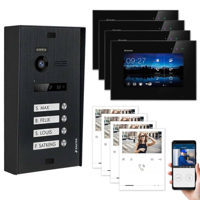 BALTER EVO Aufputz Video Türsprechanlagen Schwarz/Schwarz Set 4 Familienhaus Schwarz 4x 7 Monitor WiFi + 4x Quick von Balter